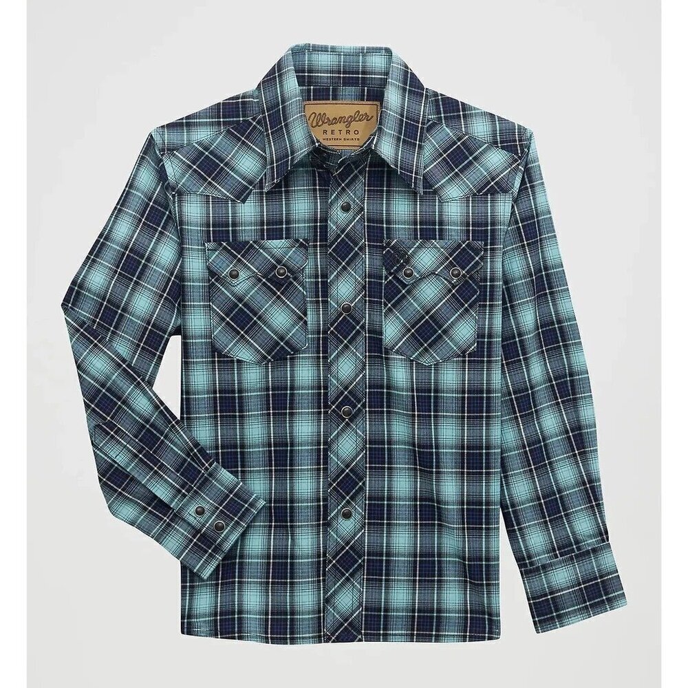 Wrangler Retro Boy's XS Long Sleeve Plaid Snap Western Shirt Turquoise/Black